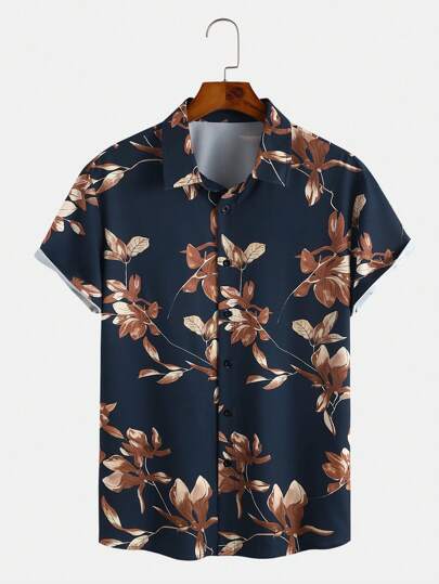 Guys Leaf Print Button Up Shirt