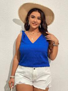 SHEIN VCAY Plus Solid Knot Shoulder Blouse - Royal Blue - View 5