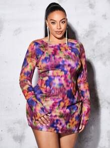 SHEIN BAE Plus Tie Dye Flounce Sleeve Mesh Dress