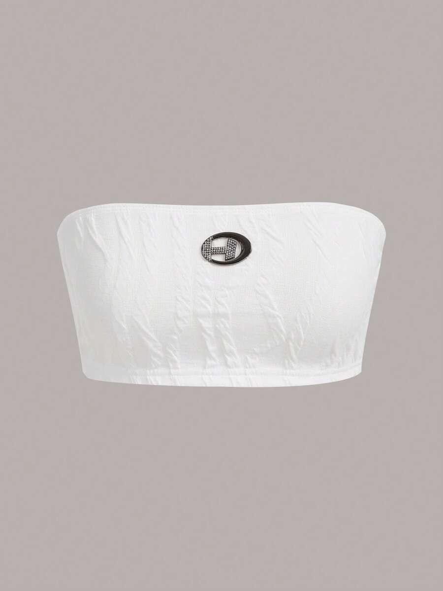 SHEIN ICON 水鑽細節抹胸上衣 - 白色 - 查看 1