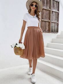 SHEIN Frenchy Solid Paperbag Waist Pleated Skirt Winter Brown - Khaki - View 3