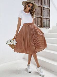 SHEIN Frenchy Solid Paperbag Waist Pleated Skirt Winter Brown - Khaki - View 4