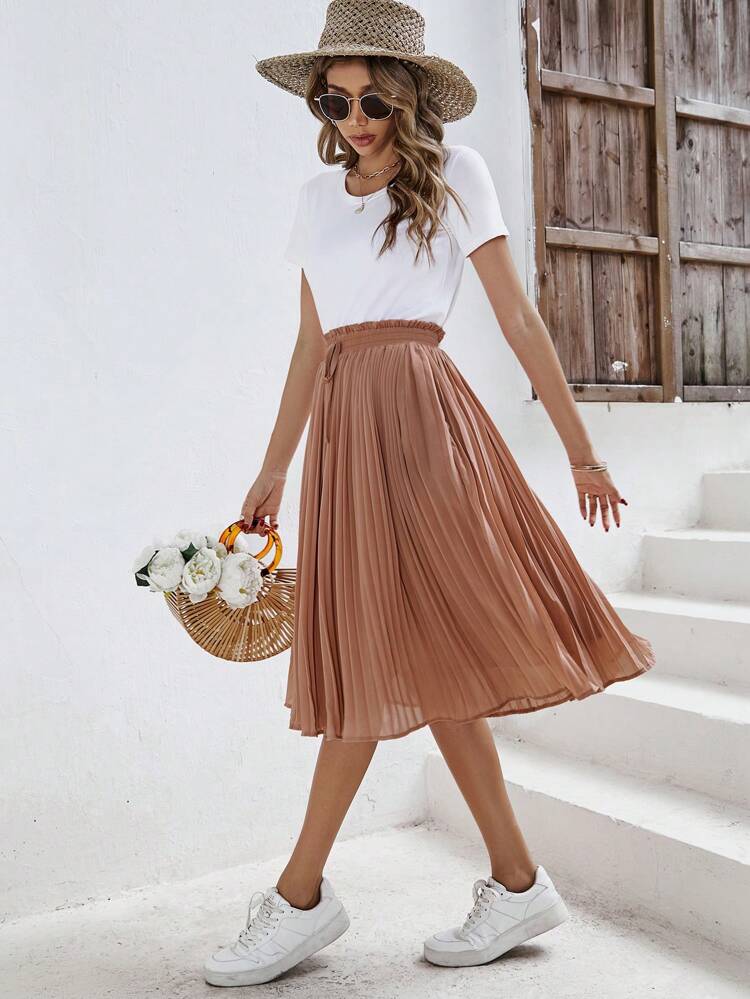 Solid Paperbag Waist Pleated Skirt Winter Brown