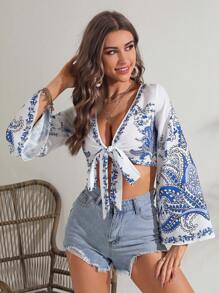 SHEIN VCAY Paisley Print Tie Front Crop Top - Multicolor - View 4