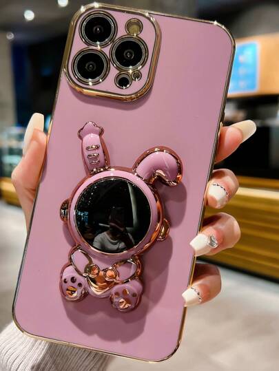 Fashionable Electroplated Cartoon Astronaut Rabbit Multi-Function Holder Shockproof Phone Case Cover For IPhone 16, 17, 17 Pro, 17 Plus, 17 Pro Max Series