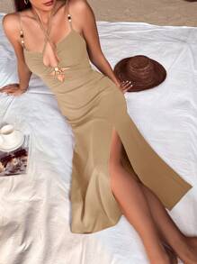 GENKIRA 交叉鏤空高衩吊帶連衣裙 - 卡其色 - 查看 4