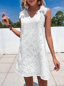 SHEIN VCAY Đầm Thắt nút Tranh thêu màu trơn Boho - trắng - Xem 2