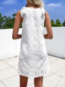 SHEIN VCAY Đầm Thắt nút Tranh thêu màu trơn Boho - trắng - Xem 3