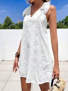 SHEIN VCAY Đầm Thắt nút Tranh thêu màu trơn Boho - trắng - Xem 4