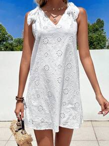 SHEIN VCAY Đầm Thắt nút Tranh thêu màu trơn Boho - trắng - Xem 5