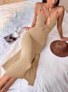 GENKIRA 交叉鏤空高衩吊帶連衣裙 - 卡其色 - 查看 6