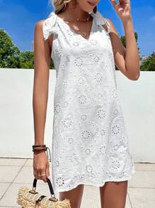 SHEIN VCAY Đầm Thắt nút Tranh thêu màu trơn Boho - trắng - Xem 6