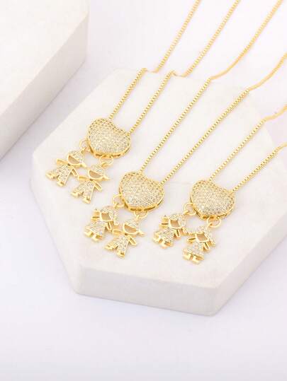 1入組情人節白色方晶鋯石雙男孩心形墜飾項鍊女性華麗首飾類禮品適用於約會