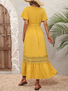 Breezaya 拼接水溶蕾絲荷葉邊繫腰帶連衣裙 - 黃色 - 查看 2