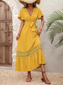 Breezaya 拼接水溶蕾絲荷葉邊繫腰帶連衣裙 - 黃色 - 查看 3