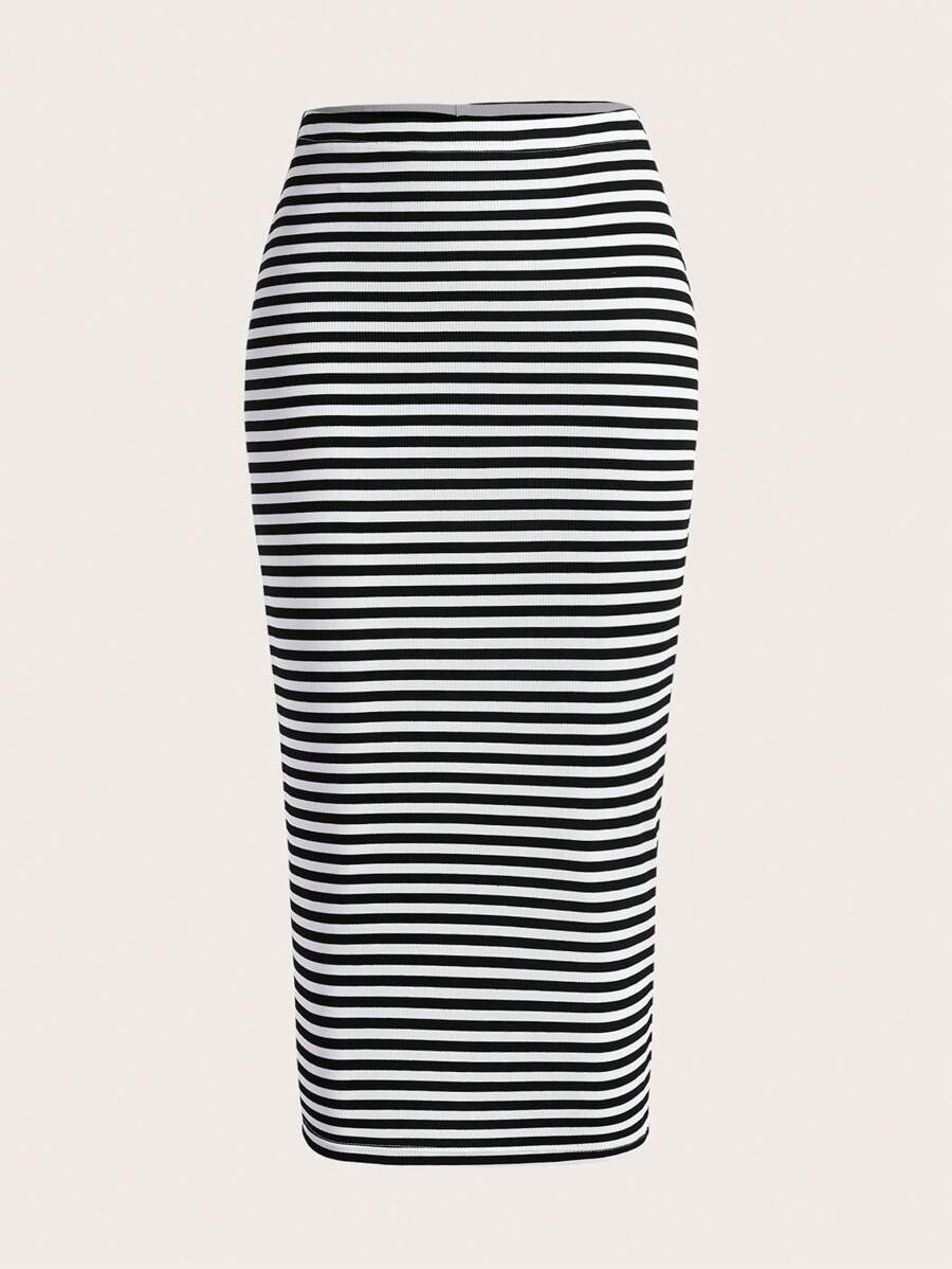 SHEIN EZwear Plus Striped Print Pencil Skirt - Black and White - View 1