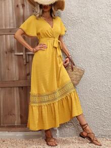 Breezaya 拼接水溶蕾絲荷葉邊繫腰帶連衣裙 - 黃色 - 查看 5