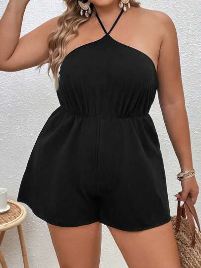 Dreamara 休閒露背 後系帶純色加大碼連身褲