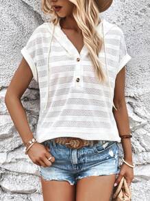 SHEIN LUNE 半排扣蝙蝠袖抽繩連帽T恤 - 米色 - 查看 1