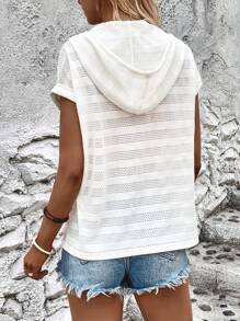 SHEIN LUNE 半排扣蝙蝠袖抽繩連帽T恤 - 米色 - 查看 2