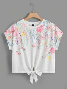 SHEIN LUNE Plus Floral Print Knot Hem Tee - White - View 1