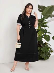 Mulvari 大碼蕾絲拼接繫腰帶連衣裙 - 黑色 - 查看 2