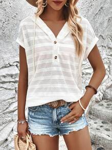 SHEIN LUNE 半排扣蝙蝠袖抽繩連帽T恤 - 米色 - 查看 6