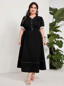 Mulvari 大碼蕾絲拼接繫腰帶連衣裙 - 黑色 - 查看 4