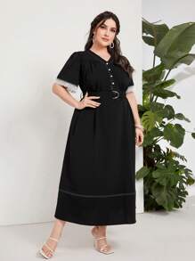 Mulvari 大碼蕾絲拼接繫腰帶連衣裙 - 黑色 - 查看 1