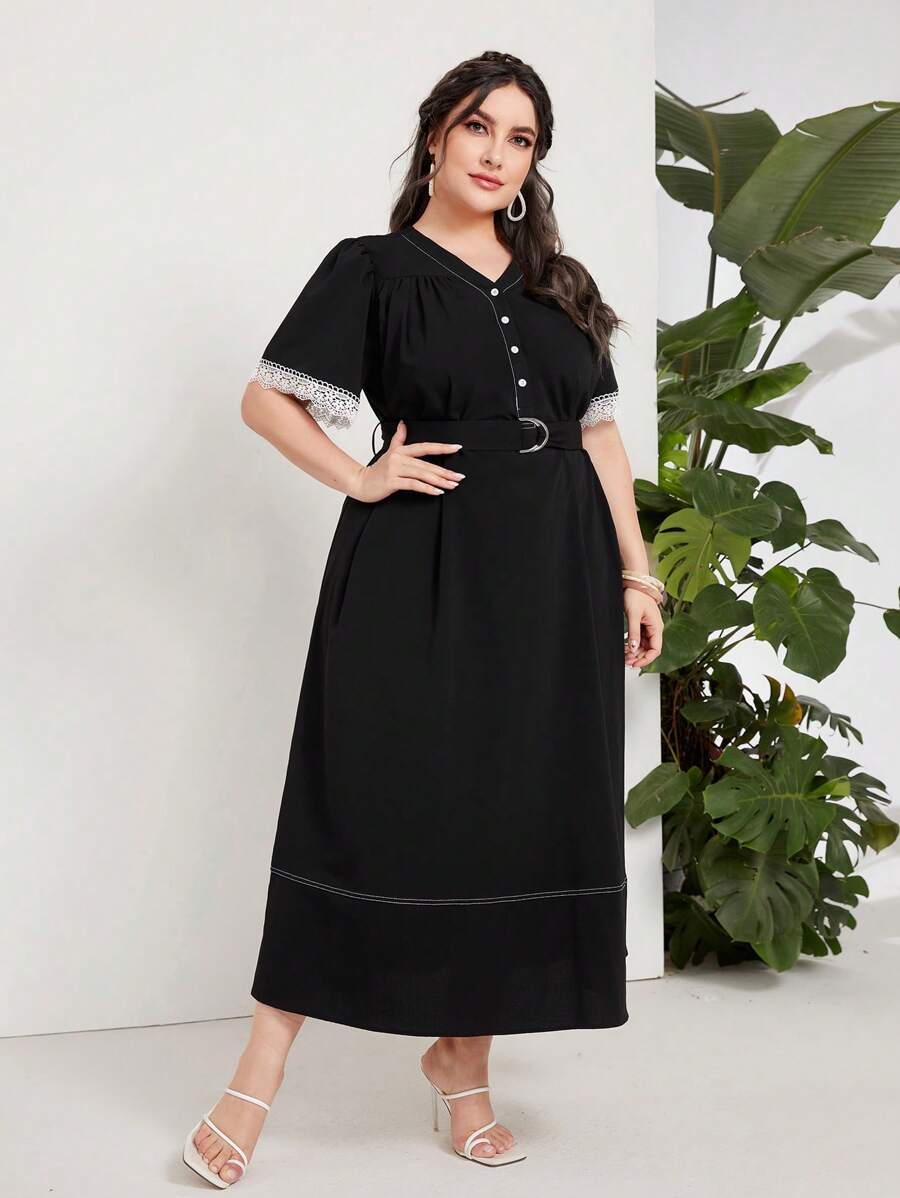 Mulvari 大碼蕾絲拼接繫腰帶連衣裙 - 黑色 - 查看 1