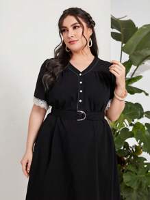 Mulvari 大碼蕾絲拼接繫腰帶連衣裙 - 黑色 - 查看 5