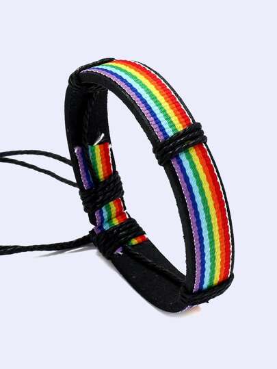 1pc Men's Rainbow Woven Pu Polyurethane Bracelet For Pride Month, For Jewelry Gift And Party