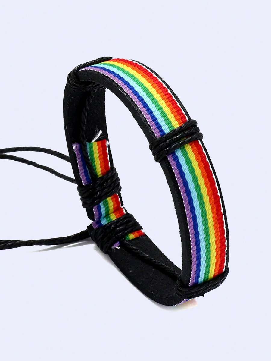 1pc Men's Rainbow Woven Pu Polyurethane Bracelet For Pride Month, For Jewelry Gift And Party - Multicolor - View 1
