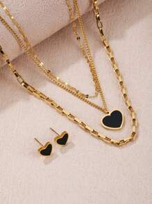 Ensemble de collier de pendentif à cœur noir superposé à multiples couches en acier inoxydable plaqué or 18k pour femmes, avec boucles d'oreilles, idéal pour l'anniversaire, la fête des mères, la Saint-Valentin, les rencontres, la fête dansante, les vacances de Bohême et la saison des mariages (3 pièces).