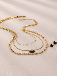 Ensemble de collier de pendentif à cœur noir superposé à multiples couches en acier inoxydable plaqué or 18k pour femmes, avec boucles d'oreilles, idéal pour l'anniversaire, la fête des mères, la Saint-Valentin, les rencontres, la fête dansante, les vacances de Bohême et la saison des mariages (3 pièces).
