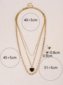 Ensemble de collier de pendentif à cœur noir superposé à multiples couches en acier inoxydable plaqué or 18k pour femmes, avec boucles d'oreilles, idéal pour l'anniversaire, la fête des mères, la Saint-Valentin, les rencontres, la fête dansante, les vacances de Bohême et la saison des mariages (3 pièces).