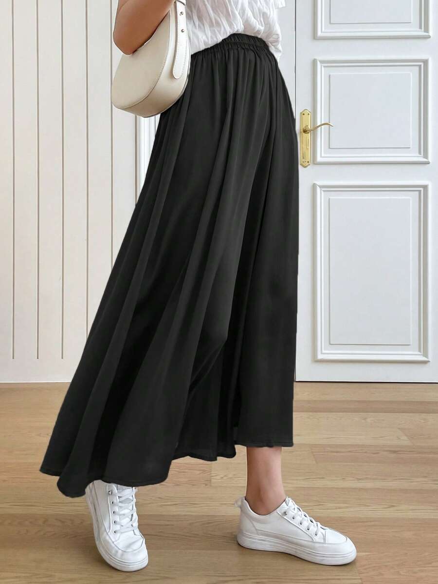 DAZY Solid Elastic Waist Wide Leg Trousers - Black - View 1