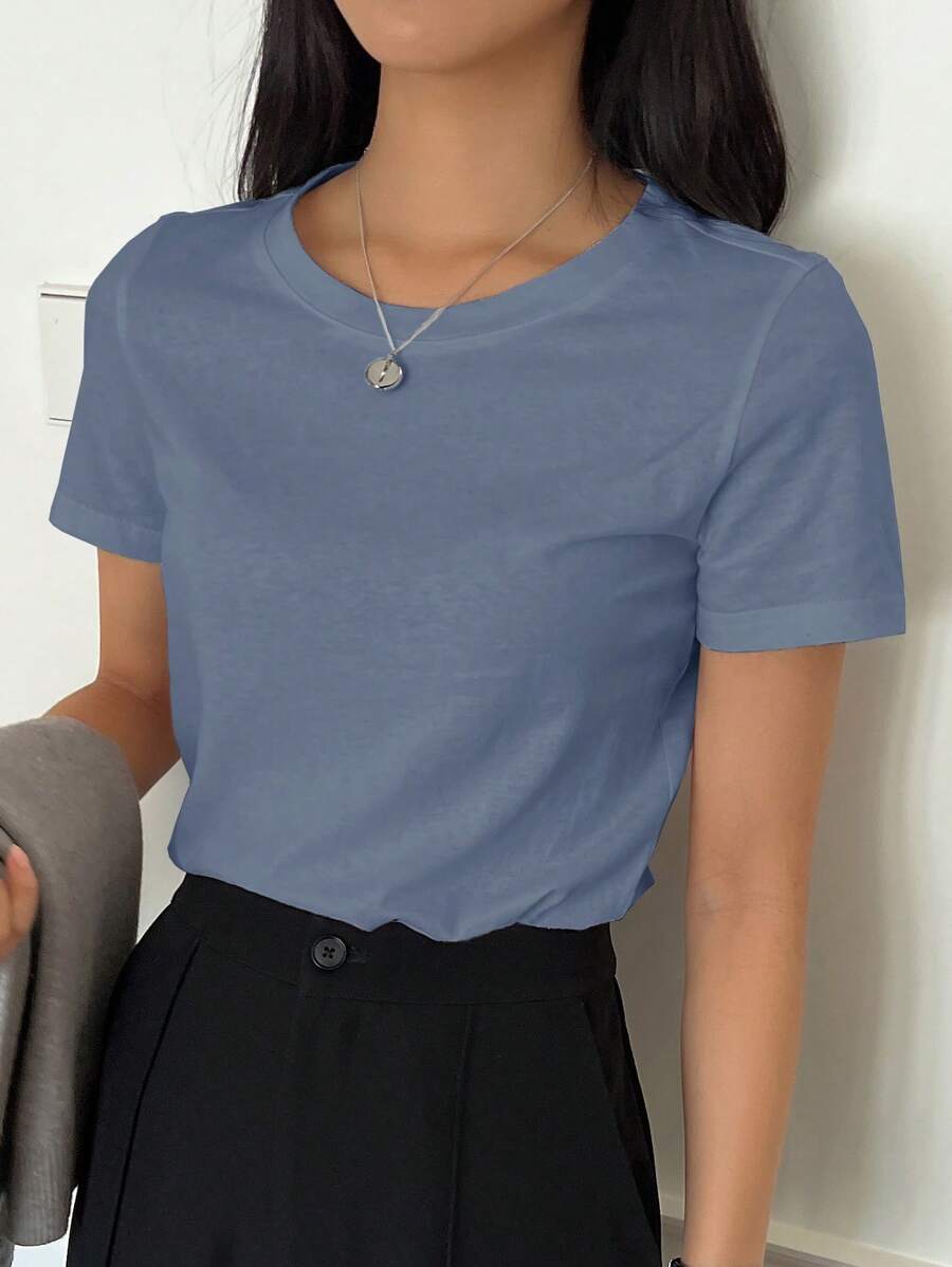 DAZY Camiseta Sólida De Cuello Redondo - Neblina azul - Ver 1