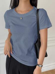 DAZY Camiseta Sólida De Cuello Redondo - Neblina azul - Ver 3