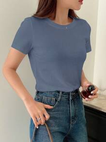 DAZY Camiseta Sólida De Cuello Redondo - Neblina azul - Ver 4