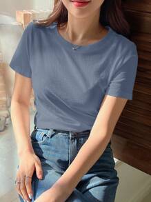 DAZY Camiseta Sólida De Cuello Redondo - Neblina azul - Ver 5