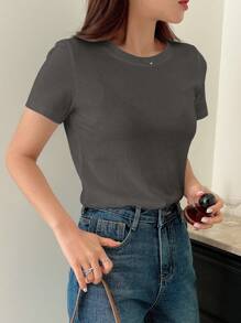 DAZY 純色圓領t恤 - 深灰色 - 查看 3
