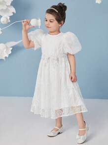 SHEIN 小女童1入組泡泡袖腰帶刺繡網紗洋裝 - 白色 - 查看 1