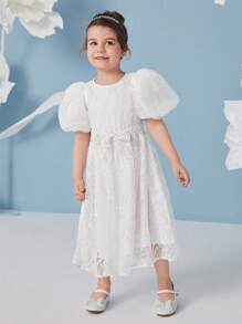 SHEIN 小女童1入組泡泡袖腰帶刺繡網紗洋裝 - 白色 - 查看 5