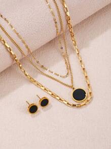 3入組時尚女士18K金鍍黑色圓形多層項鍊和耳環套裝，是生日、母親節、情人節、約會、舞會、婚禮季節和波西米亞度假風格的理想禮物 - 彩色 - 查看 2