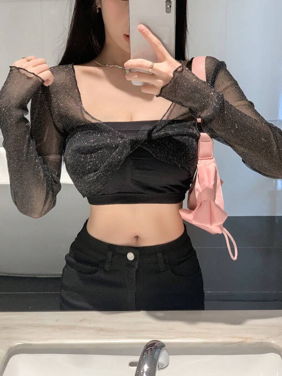 DAZY 纯色短款网眼上衣 外出上衣 节日透明长袖女式上衣 - 黑色 - 查看 1
