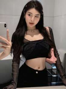 DAZY 纯色短款网眼上衣 外出上衣 节日透明长袖女式上衣 - 黑色 - 查看 3