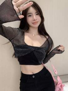 DAZY 纯色短款网眼上衣 外出上衣 节日透明长袖女式上衣 - 黑色 - 查看 4