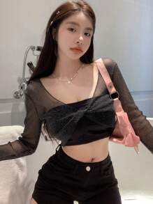 DAZY 纯色短款网眼上衣 外出上衣 节日透明长袖女式上衣 - 黑色 - 查看 7