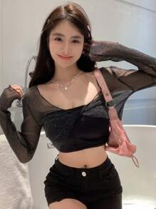 DAZY 纯色短款网眼上衣 外出上衣 节日透明长袖女式上衣 - 黑色 - 查看 9